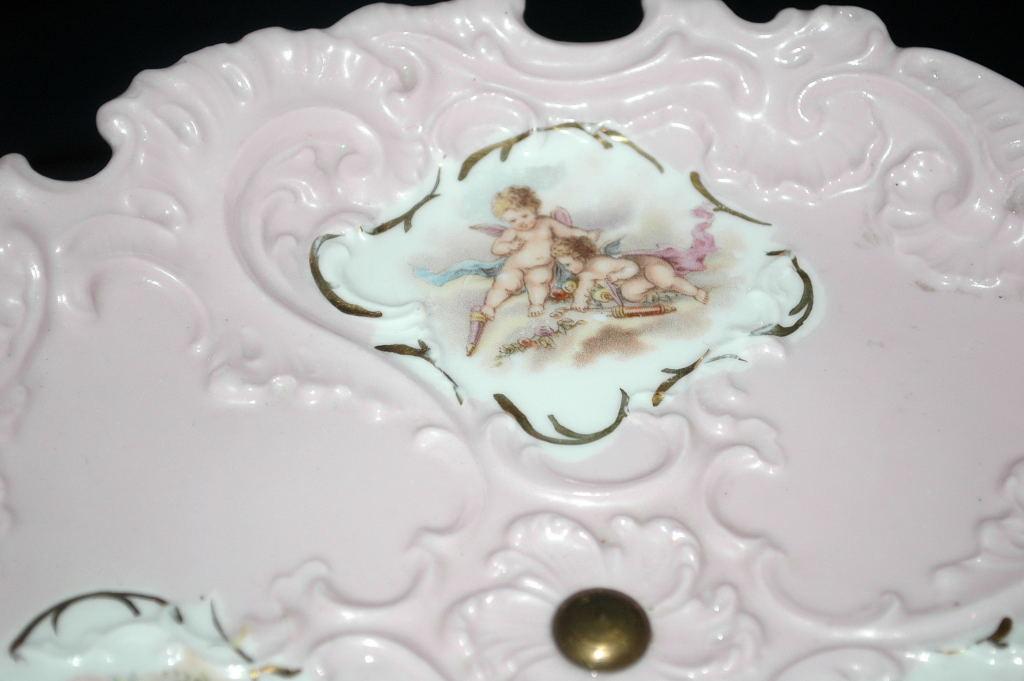 Porcelain Cherub Moriage Pink Gilt Footed Tidbit Bonbon Dessert Plate European