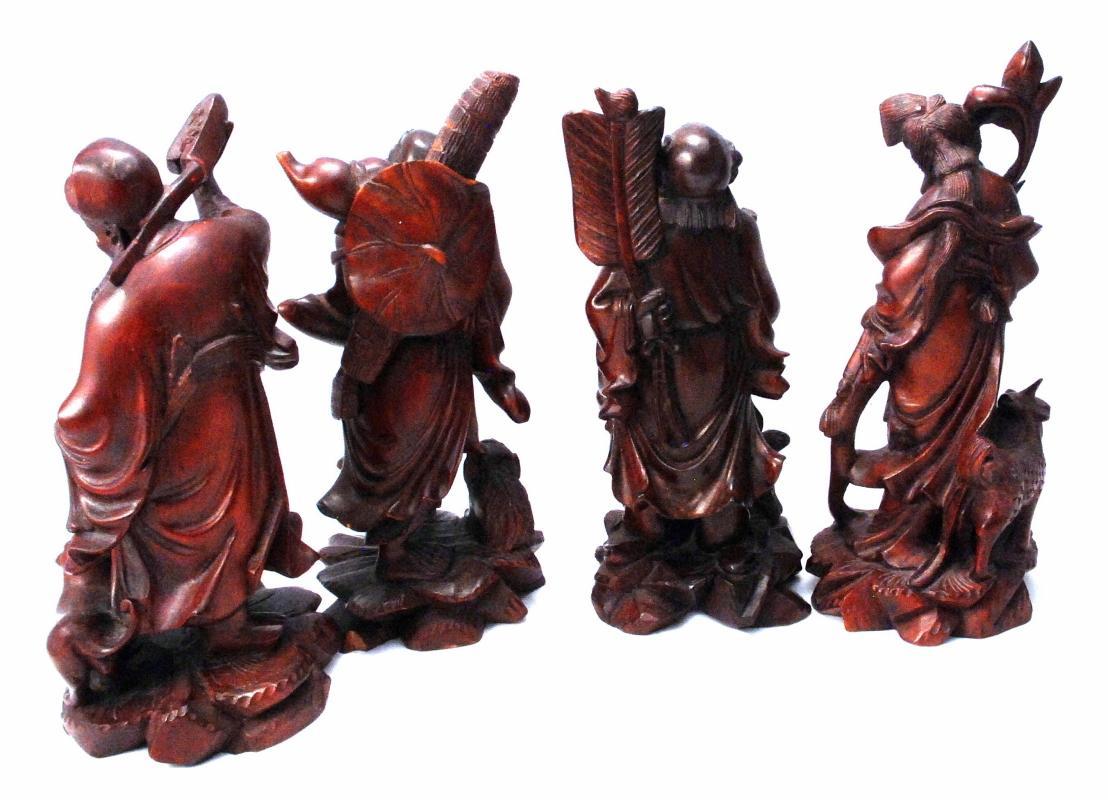4 Hand Carved Rosewood Chinese Immortals with Foo Dogs