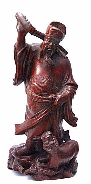 4 Hand Carved Rosewood Chinese Immortals with Foo Dogs