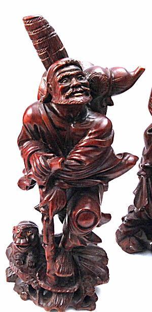4 Hand Carved Rosewood Chinese Immortals with Foo Dogs