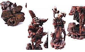 4 Hand Carved Rosewood Chinese Immortals with Foo Dogs