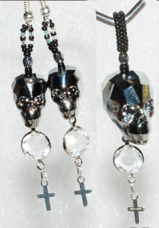 Swarovski Crystal Skull Bead Silver Night Earrings & Pendant with 925 cross crystals Halloween Day of the Dead Gothic original design