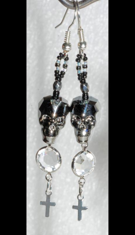 Swarovski Crystal Skull Bead Silver Night Earrings & Pendant with 925 cross crystals Halloween Day of the Dead Gothic original design