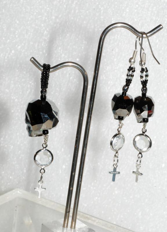 Swarovski Crystal Skull Bead Silver Night Earrings & Pendant with 925 cross crystals Halloween Day of the Dead Gothic original design