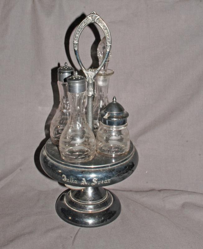 HARTFORD SILVER PLATE CASTER CRUET STAND & 4 CUT GLASS BOTTLES