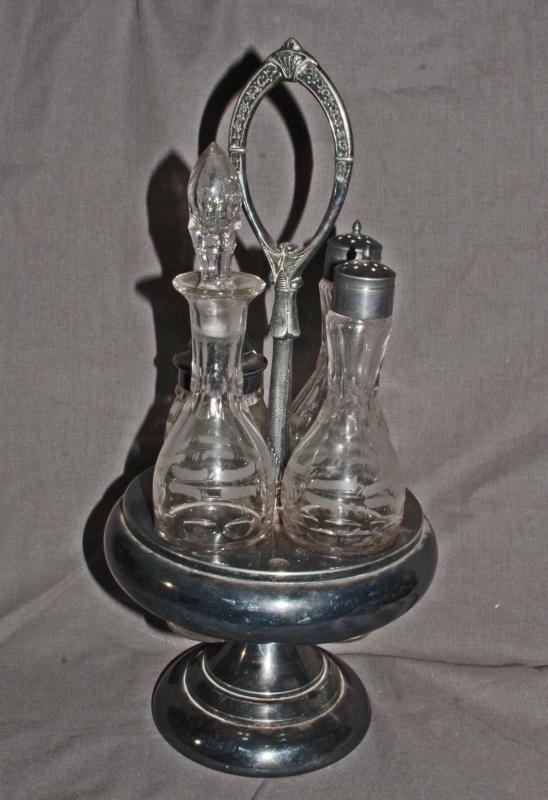 HARTFORD SILVER PLATE CASTER CRUET STAND & 4 CUT GLASS BOTTLES