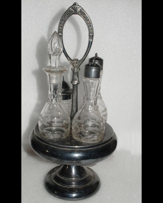 HARTFORD SILVER PLATE CASTER CRUET STAND & 4 CUT GLASS BOTTLES