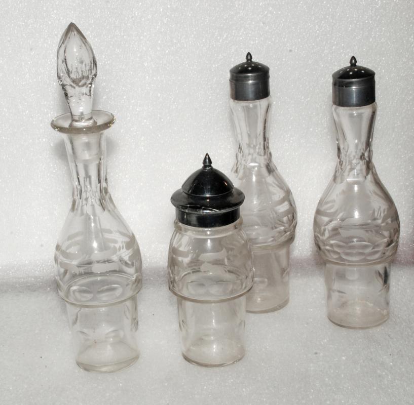 HARTFORD SILVER PLATE CASTER CRUET STAND & 4 CUT GLASS BOTTLES