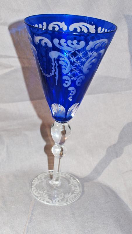 Cobalt Blue Cut to Clear Cased Tall Stemware Glass for Toasting Wine or Water Goblet