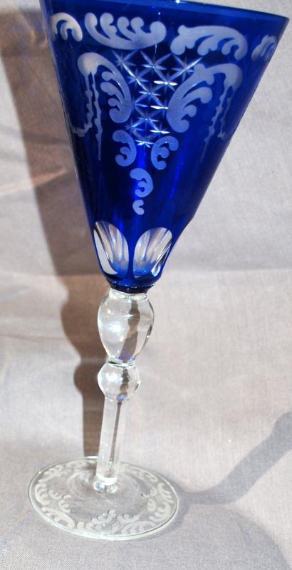 Cobalt Blue Cut to Clear Cased Tall Stemware Glass for Toasting Wine or Water Goblet