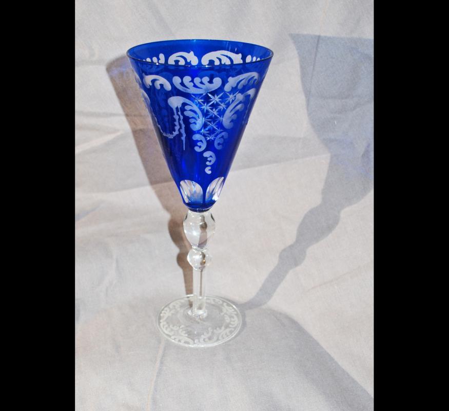 Cobalt Blue Cut to Clear Cased Tall Stemware Glass for Toasting Wine or Water Goblet