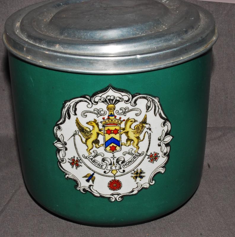 ANTIQUE 19C COAT OF ARMS IMPERIAL CUBE CUT CIGAR TOBACCO JAR Green PORCELAIN