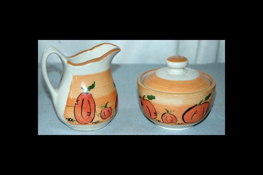 Fall Pumpkin Motif Creamer and Sugar Bowl