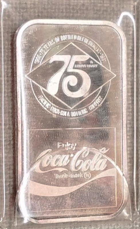 Silver Troy Ounce Bar Fine .999 RARE 75th Anniversary Coca Cola Mt Rainier