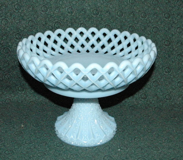 Fenton Blue Fenton Blue Compote Reticulated Lattice Diamond Point Compote Fruit Bowl on Pedestal