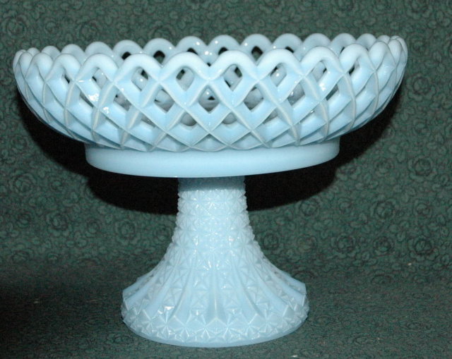 Fenton Blue Fenton Blue Compote Reticulated Lattice Diamond Point Compote Fruit Bowl on Pedestal