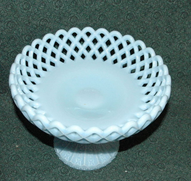 Fenton Blue Fenton Blue Compote Reticulated Lattice Diamond Point Compote Fruit Bowl on Pedestal