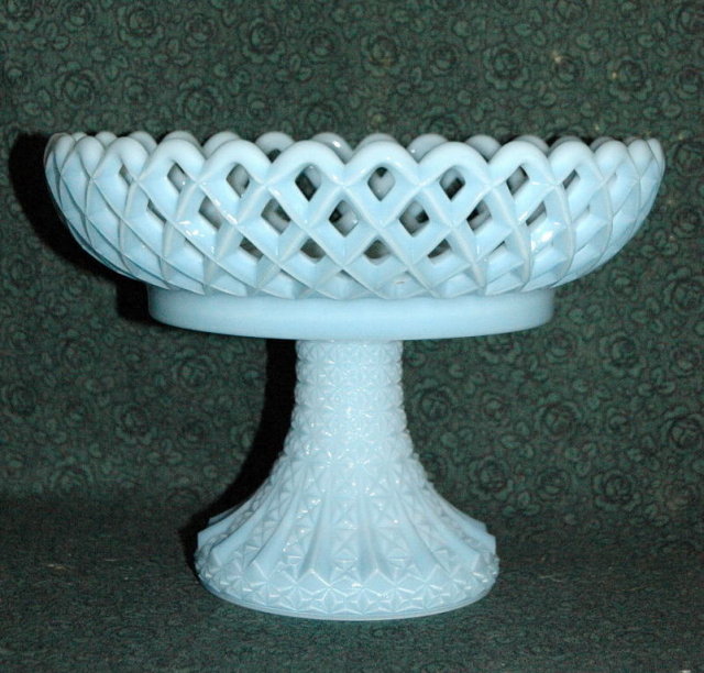 Fenton Blue Fenton Blue Compote Reticulated Lattice Diamond Point Compote Fruit Bowl on Pedestal