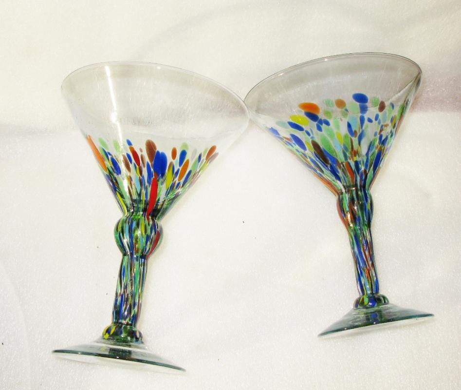 2 Blown Glass Mexican Margarita Glasses Confetti Splatter ware