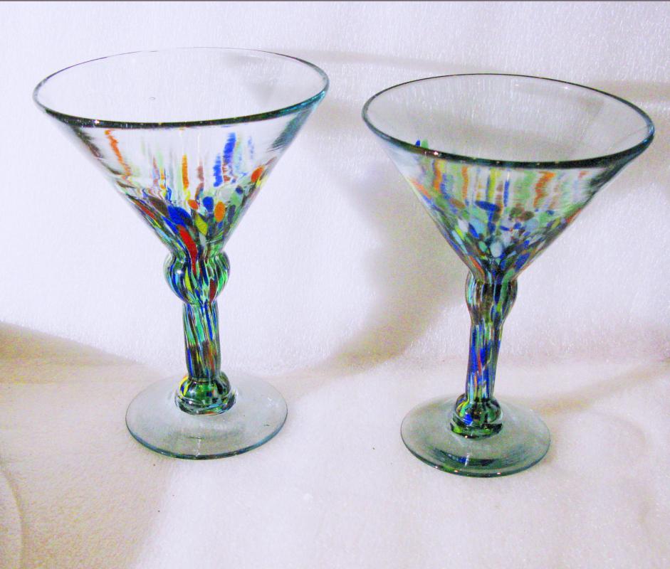 2 Blown Glass Mexican Margarita Glasses Confetti Splatter ware
