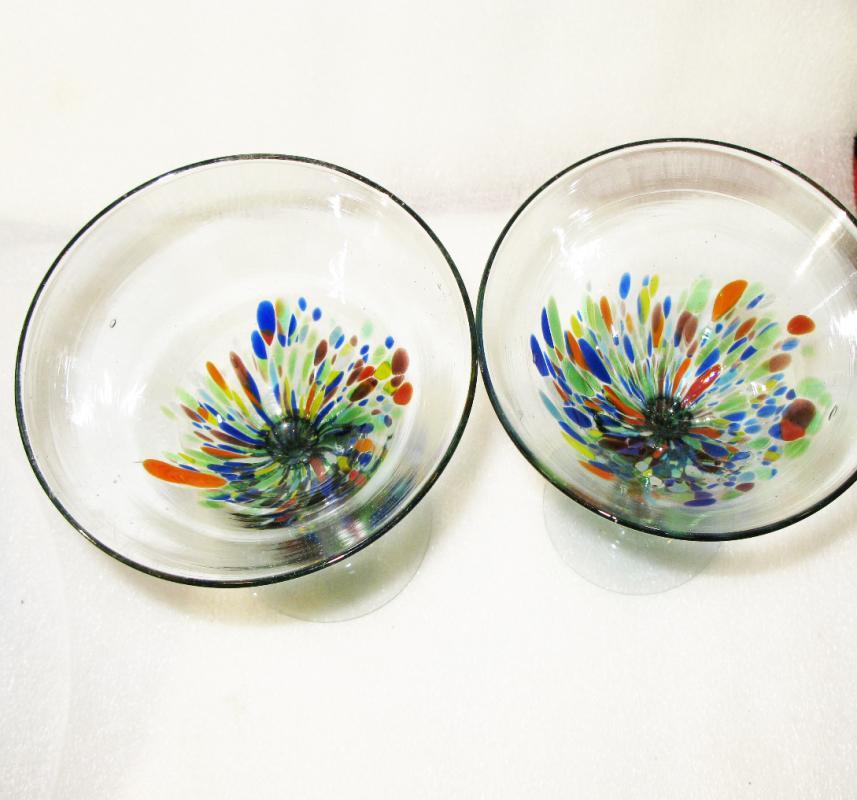 2 Blown Glass Mexican Margarita Glasses Confetti Splatter ware