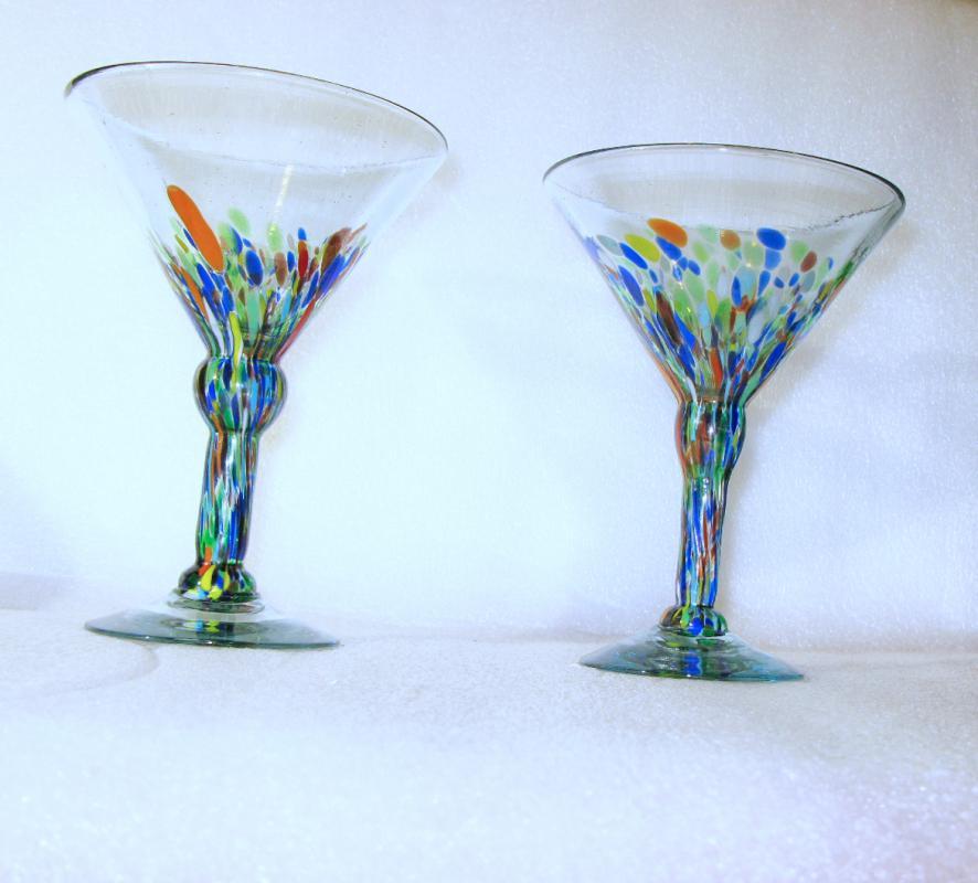2 Blown Glass Mexican Margarita Glasses Confetti Splatter ware