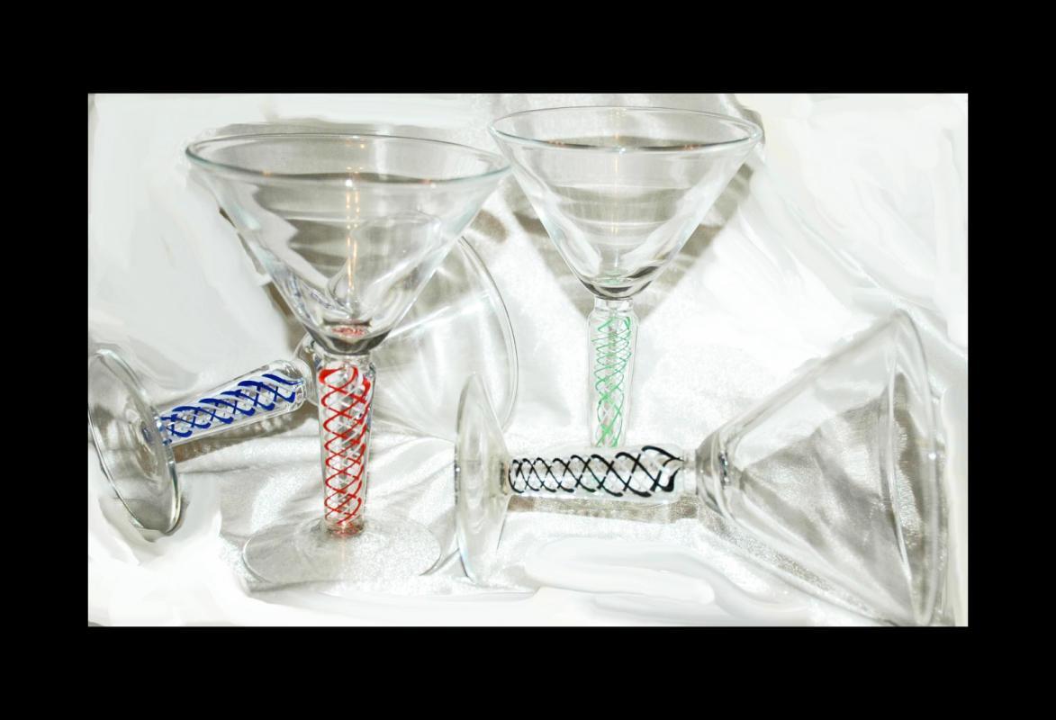 4 Opaque Twist Colored Blown Glass Goblets Stemware.