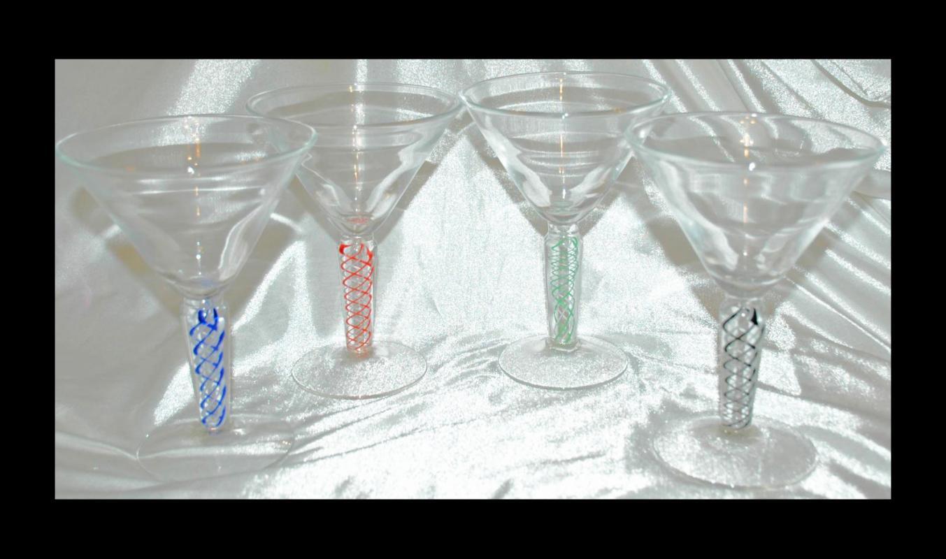 4 Opaque Twist Colored Blown Glass Goblets Stemware.
