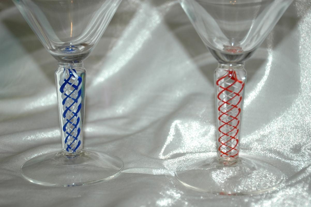 4 Opaque Twist Colored Blown Glass Goblets Stemware.