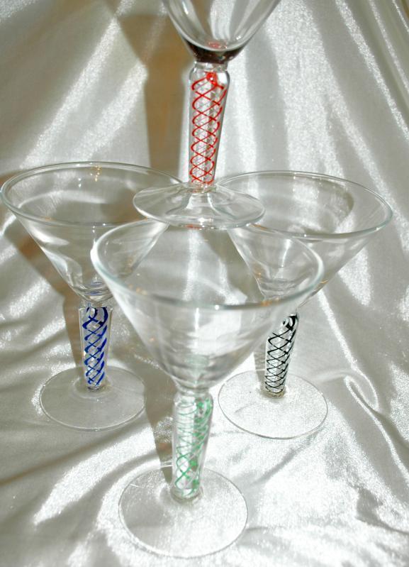 4 Opaque Twist Colored Blown Glass Goblets Stemware.
