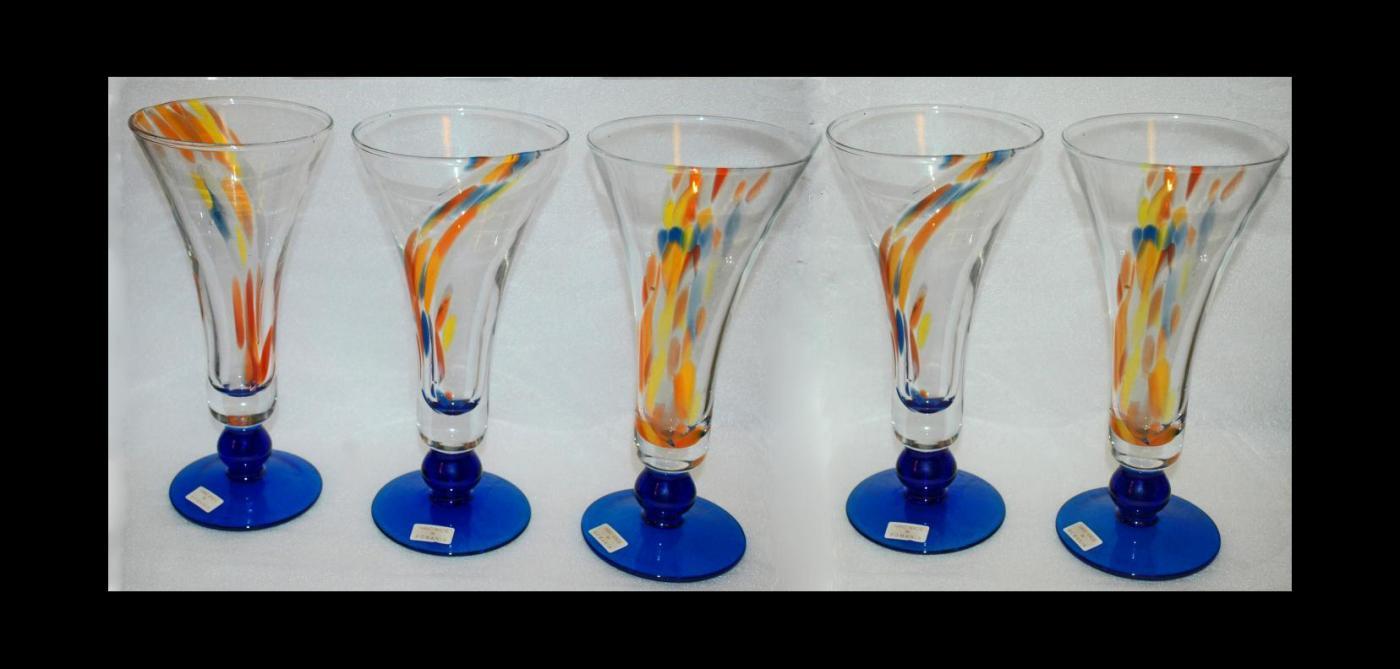 Set of Unique Tall Fluted Pilsner Beer Glasses, Hand Blown Splatter Glass From Romania x 5