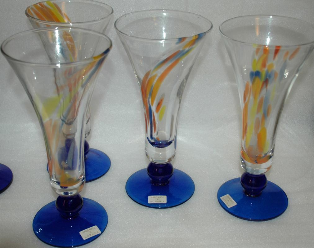 Set of Unique Tall Fluted Pilsner Beer Glasses, Hand Blown Splatter Glass From Romania x 5