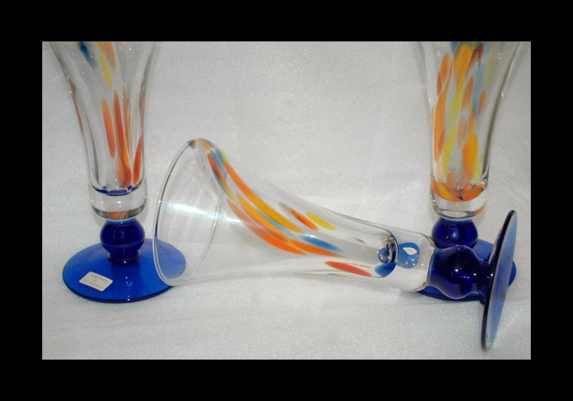 Set of Unique Tall Fluted Pilsner Beer Glasses, Hand Blown Splatter Glass From Romania x 5