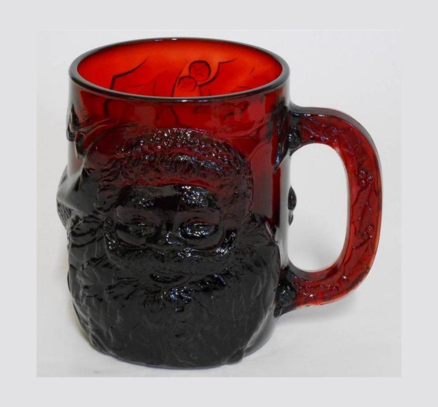 Ruby Red Glass 3D Santa Christmas Mug Cup by Arcoroc France.