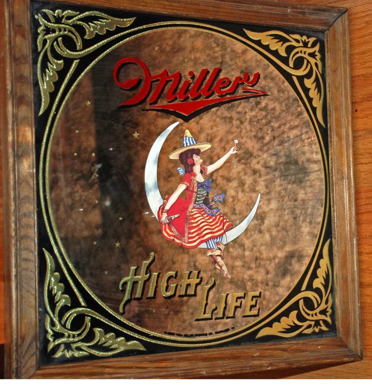 Rare 1984 Miller High Life Ornate Marbled Bar Mirror Sign Girl on Moon - 14 x 14 inches