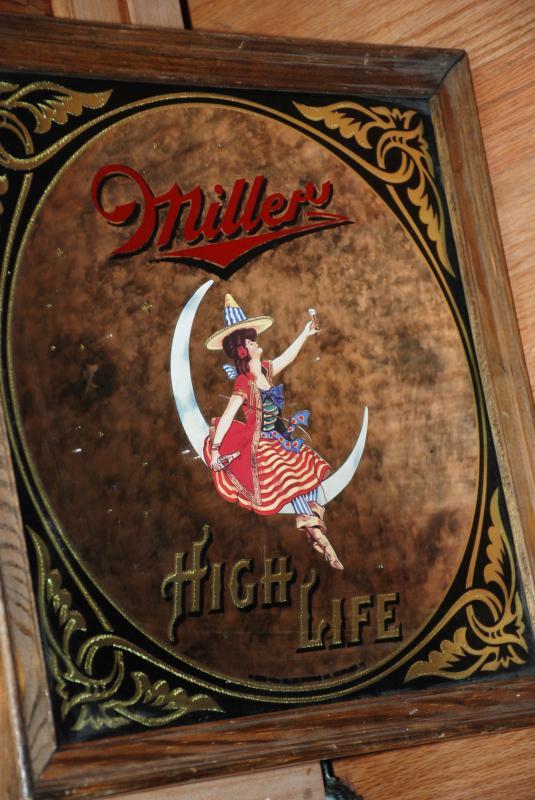Rare 1984 Miller High Life Ornate Marbled Bar Mirror Sign Girl on Moon - 14 x 14 inches