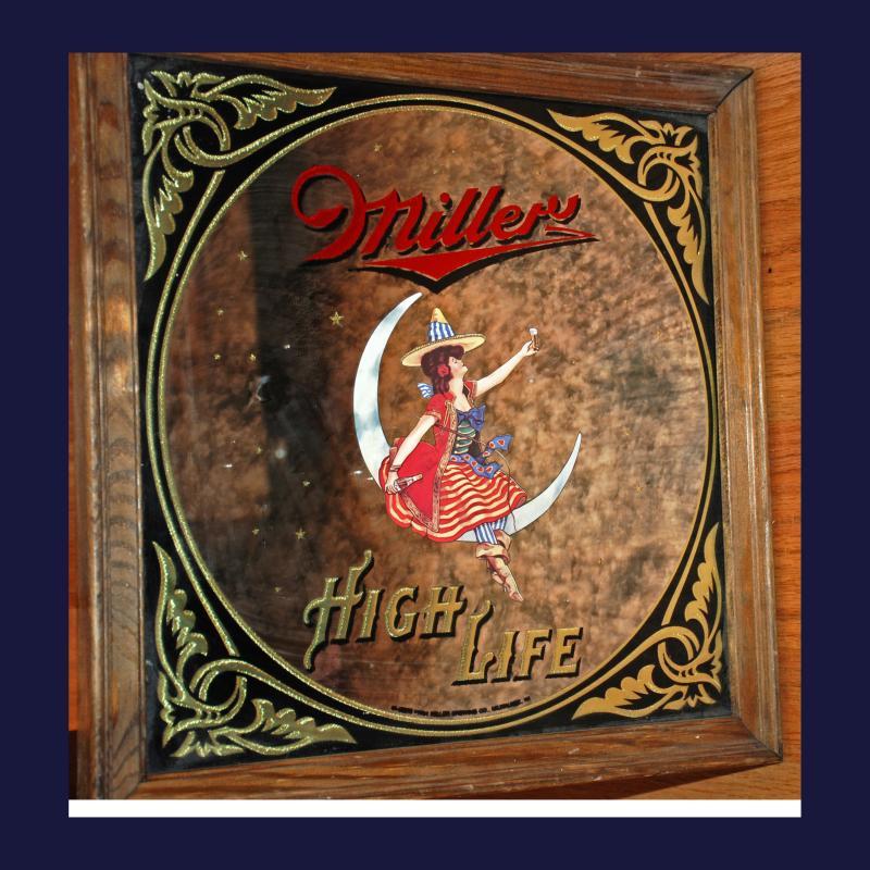 Rare 1984 Miller High Life Ornate Marbled Bar Mirror Sign Girl on Moon - 14 x 14 inches