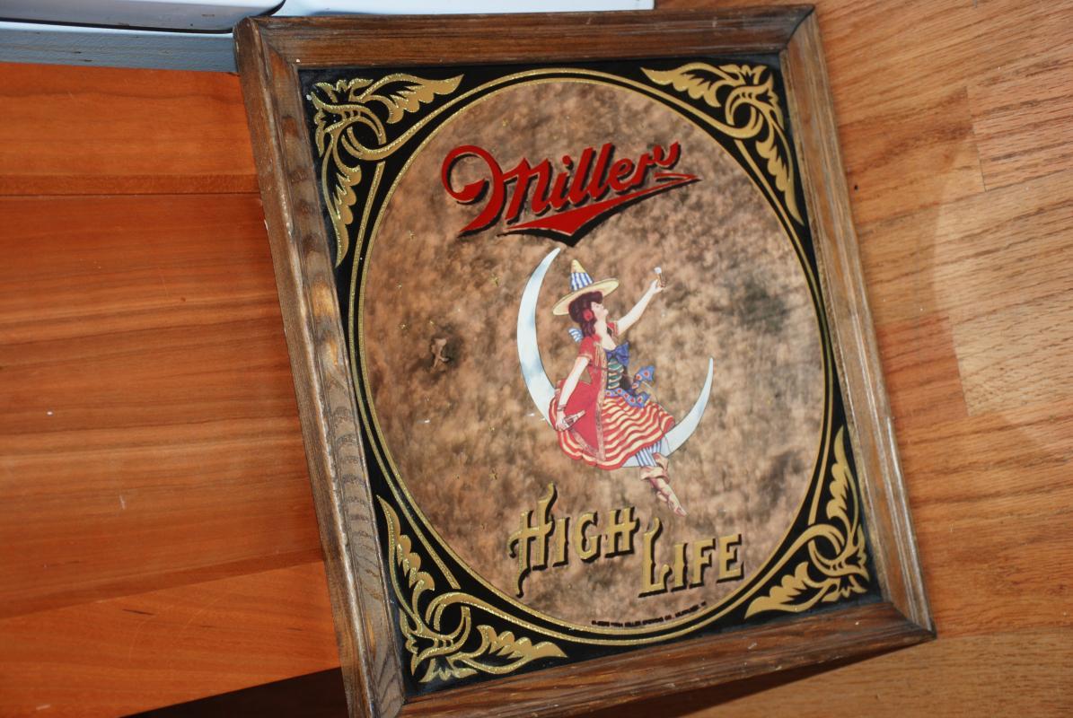 Rare 1984 Miller High Life Ornate Marbled Bar Mirror Sign Girl on Moon - 14 x 14 inches