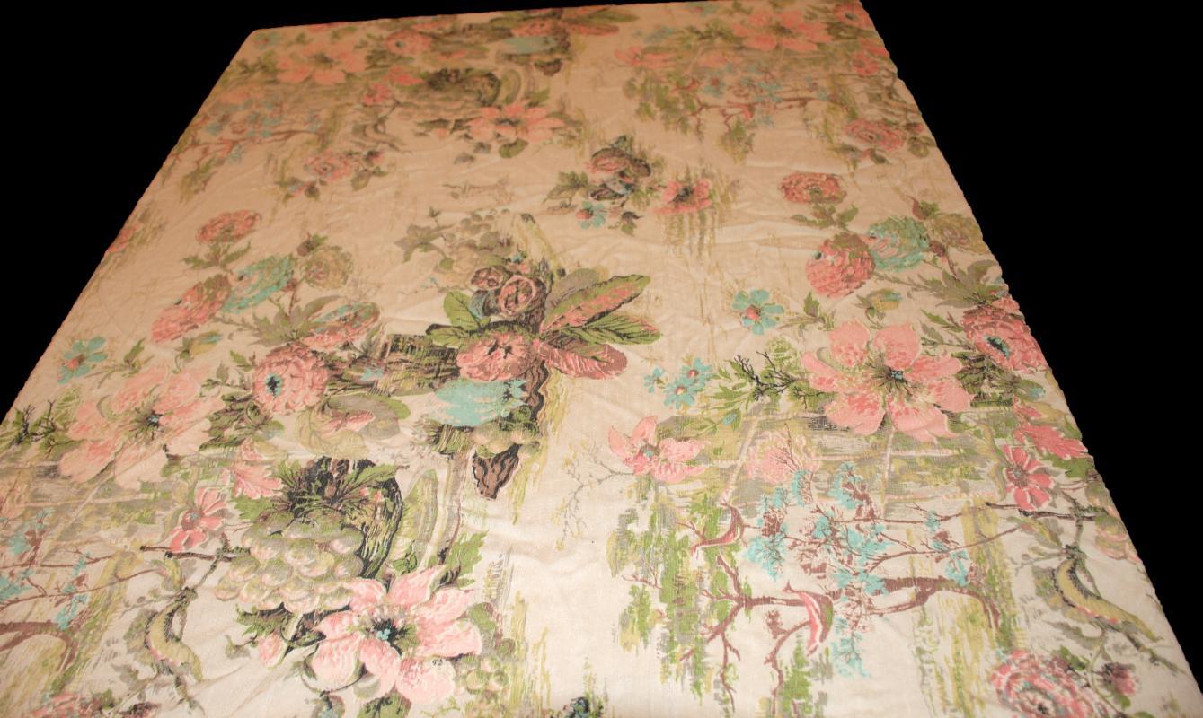 Nubby Raw Silk Fabric Abstract Asian Garden Motif Drapery Panel Vintage 42 inches x 64 inches.