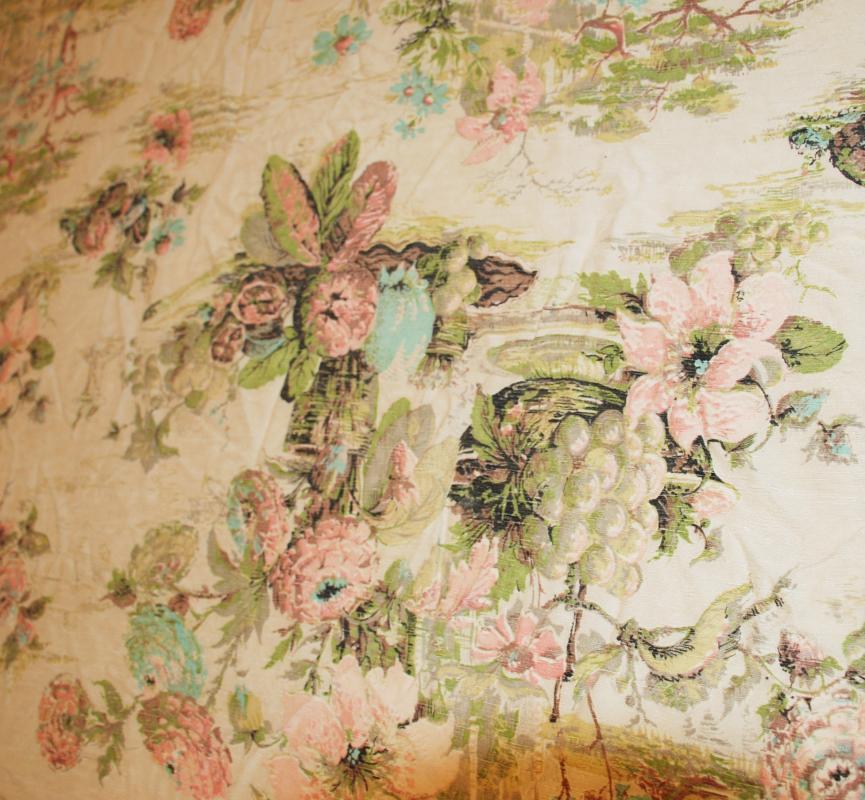 Nubby Raw Silk Fabric Abstract Asian Garden Motif Drapery Panel Vintage 42 inches x 64 inches.