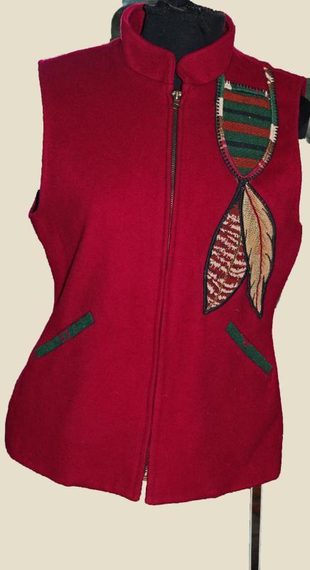 Coloratura Vest Red Wool Southwestern Native American Feather Design USA