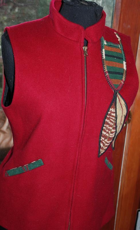 Coloratura Vest Red Wool Southwestern Native American Feather Design USA