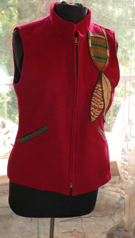 Coloratura Vest Red Wool Southwestern Native American Feather Design USA