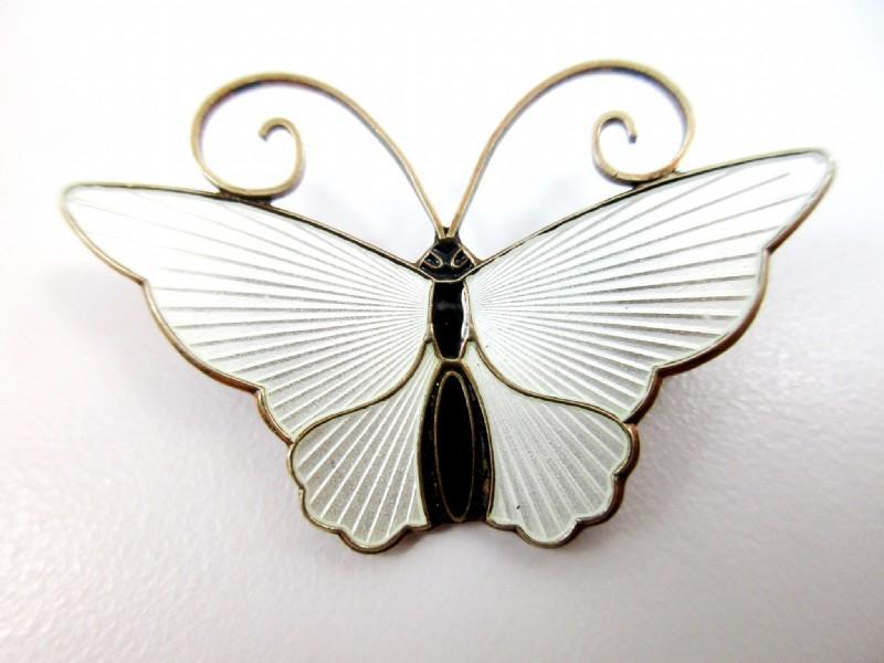 David Andersen White Guilloche Enamel , Vermeil Sterling Butterfly Brooch Vintage