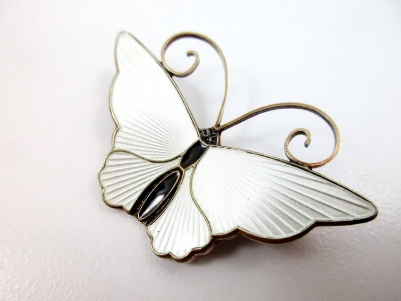 David Andersen White Guilloche Enamel , Vermeil Sterling Butterfly Brooch Vintage