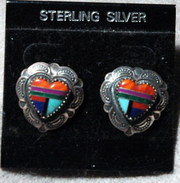 Sterling Silver Heart Gemstone Inlay Earrings