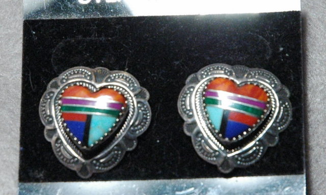 Sterling Silver Heart Gemstone Inlay Earrings