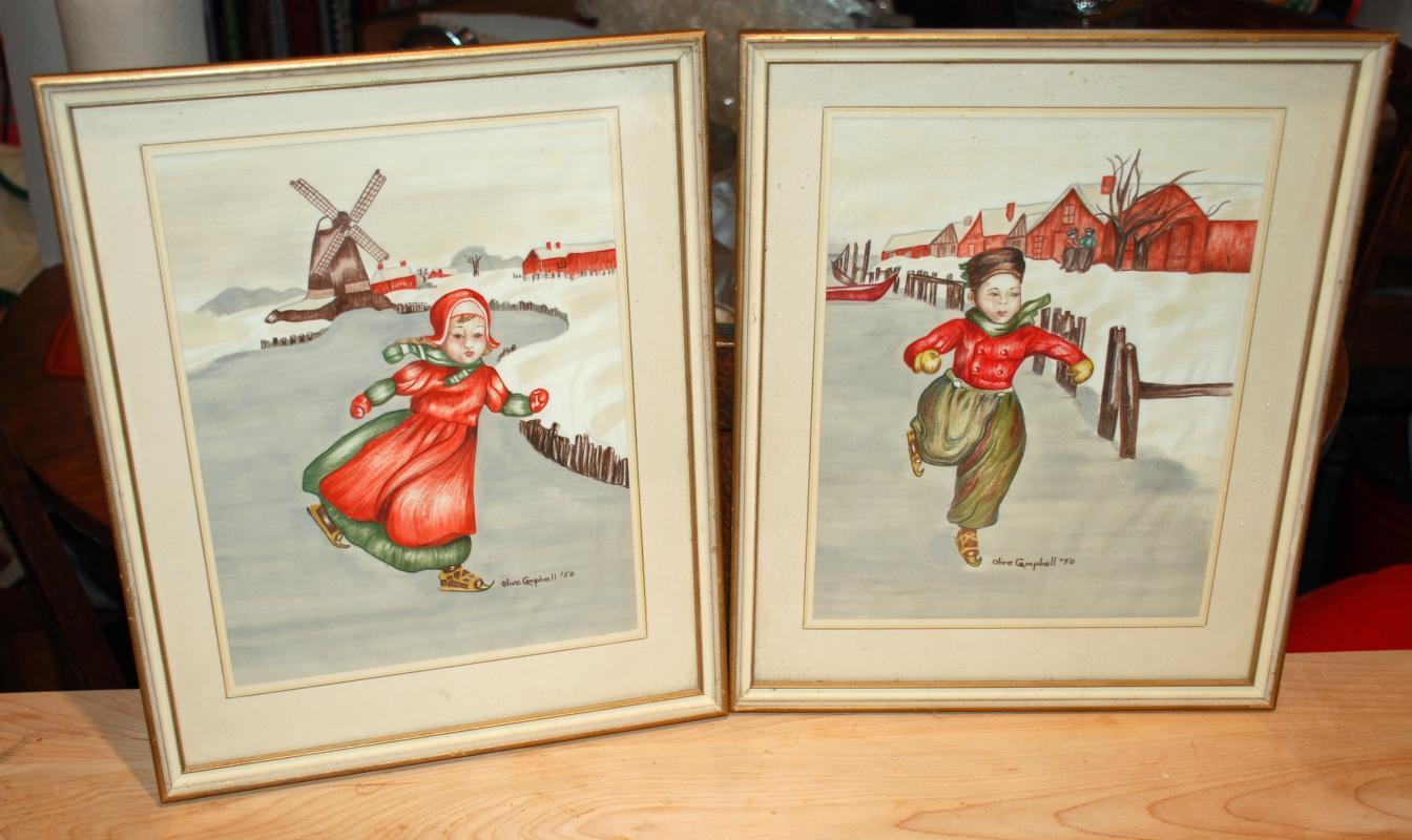 Dutch Boy & Girl Ice Skaters, Painting on Silk Pair, Signed, dated