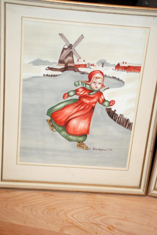Dutch Boy & Girl Ice Skaters, Painting on Silk Pair, Signed, dated