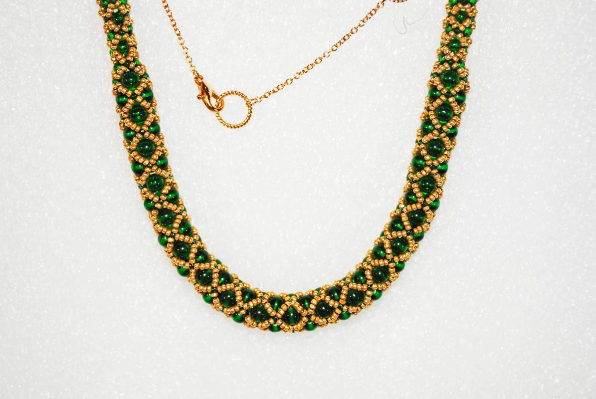Czech Beaded Netted Rope Necklace, Green and Gold One of a Kind Original Designer